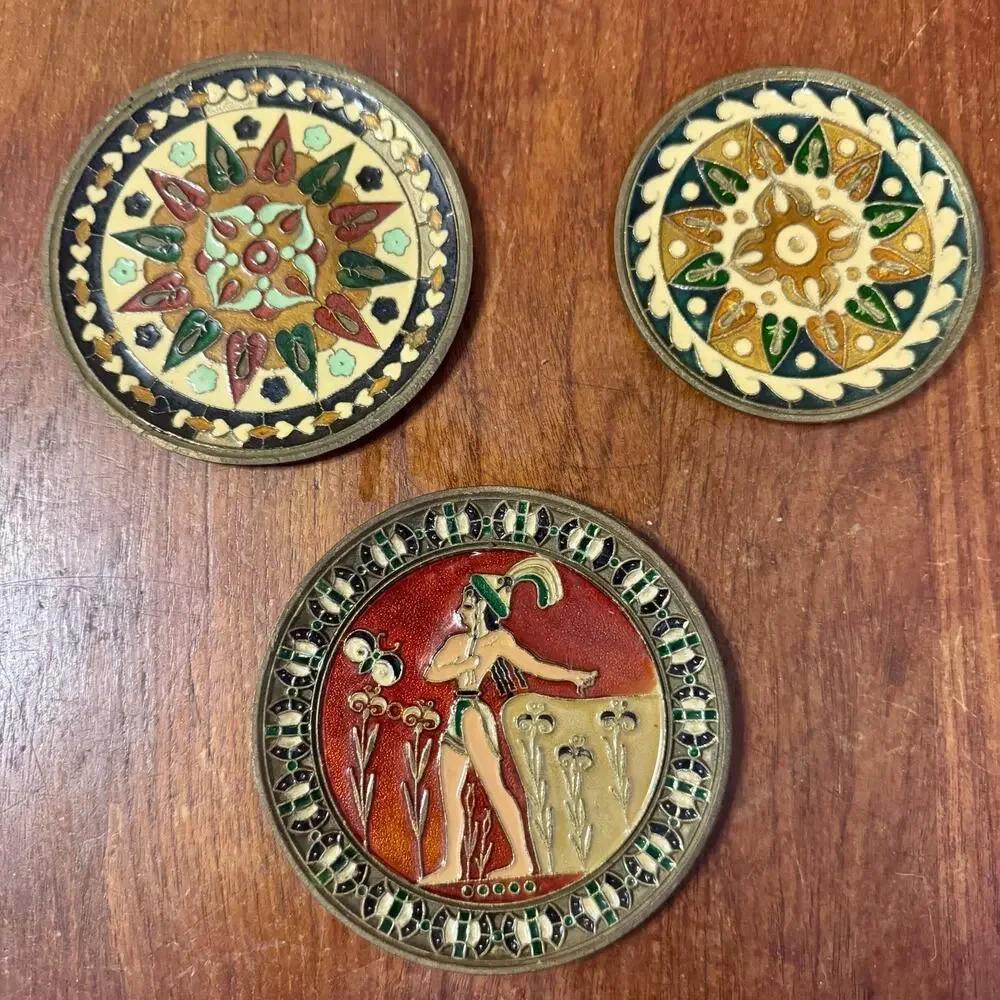 Vintage Greek Enamel Solid Brass Wall Plaques Handmade Greece Set of 3